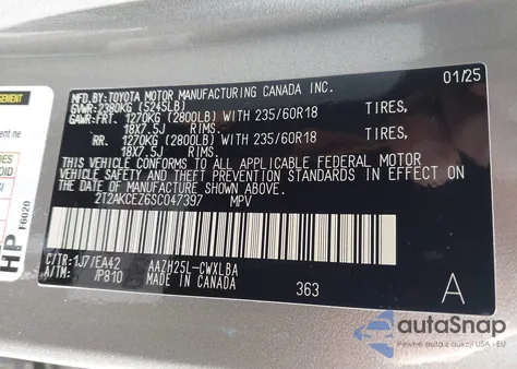 2025 Lexus Nx 350H z USA, uszkodzony, nr VIN 2T2AKCEZ6SC047397